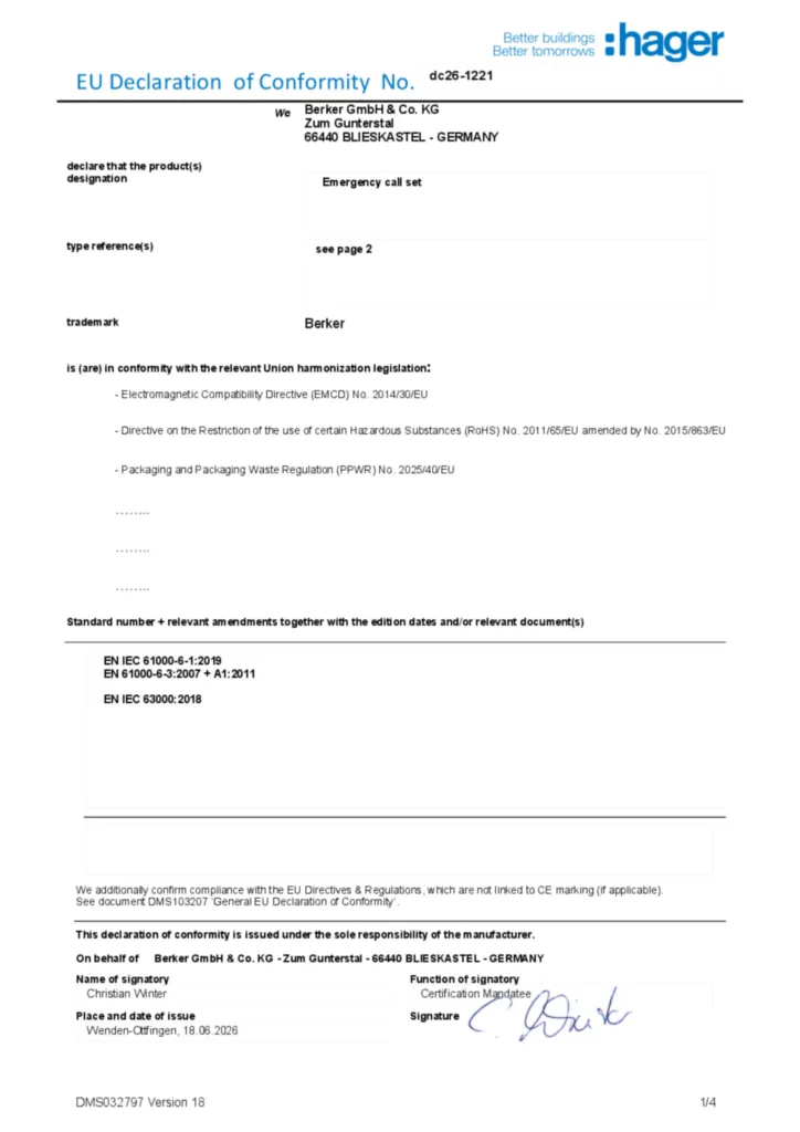 Immagine Dichiarazione di conformità en-GB 2026-10-08 | Hager Italia
