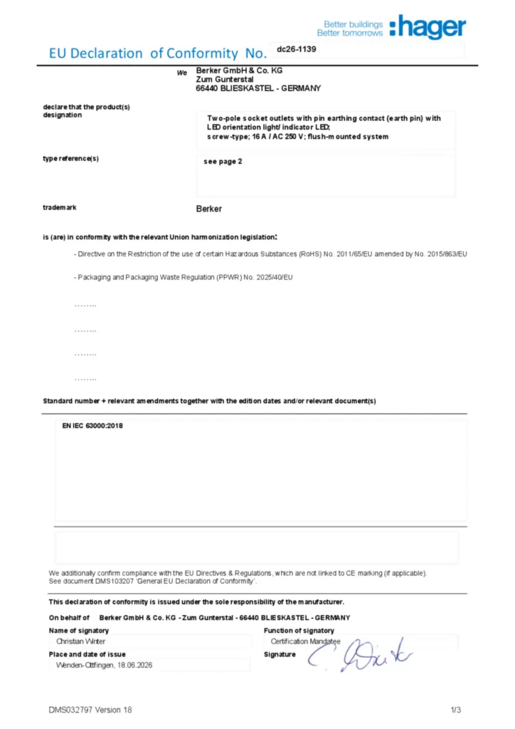 Afbeelding Conformiteitsverklaring en-GB 2026-10-08 | Hager Nederland