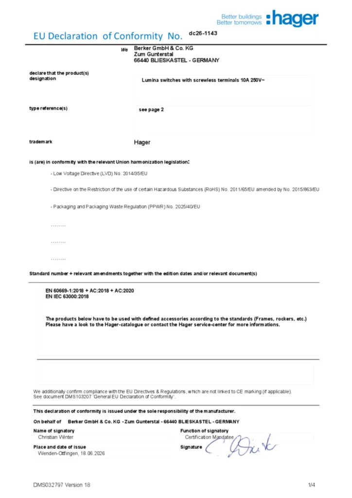 Afbeelding Conformiteitsverklaring en-GB 2026-10-08 | Hager Nederland