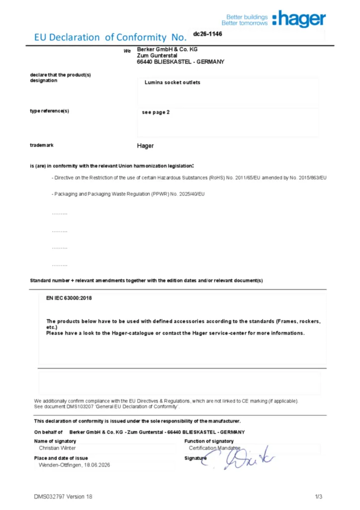 Imagem Declaração de conformidade en-GB 2026-10-08 | Hager Portugal