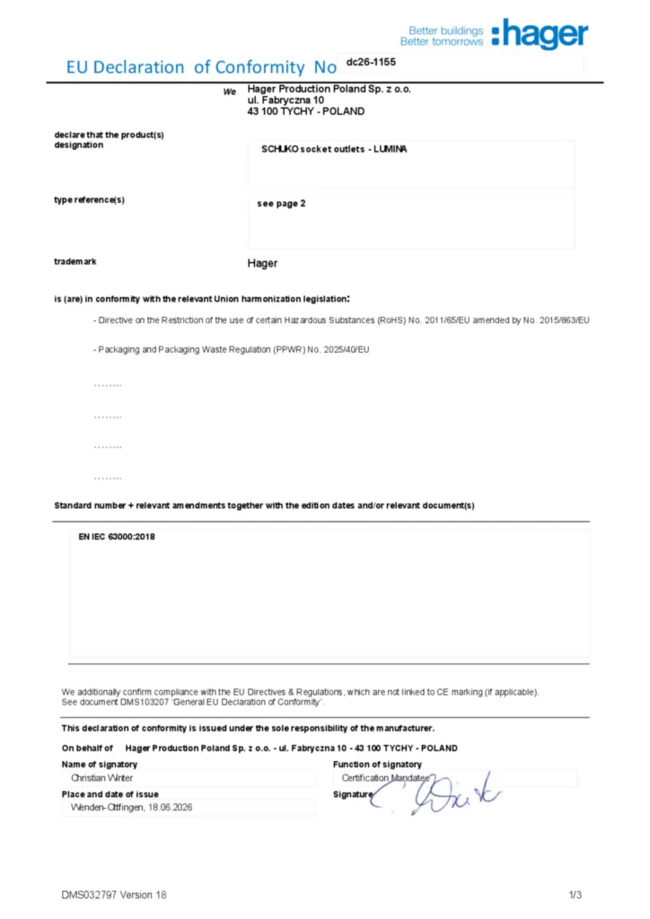 Imagem Declaração de conformidade en-GB 2026-10-08 | Hager Portugal