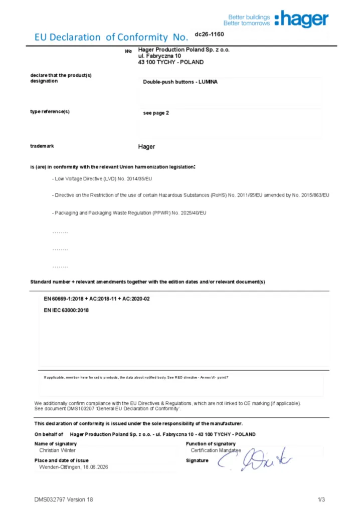 Afbeelding Conformiteitsverklaring en-GB 2026-10-08 | Hager Nederland