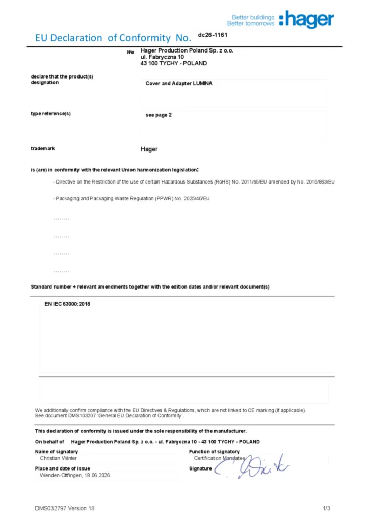 Imagem Declaração de conformidade en-GB 2026-10-12 | Hager Portugal