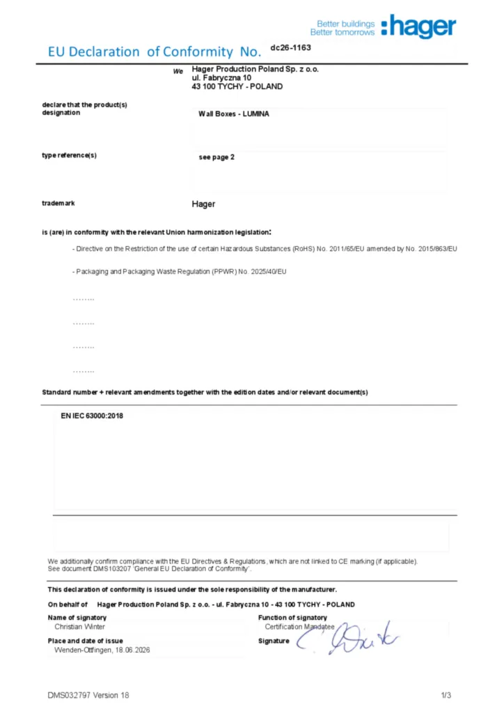 Imagem Declaração de conformidade en-GB 2026-10-12 | Hager Portugal