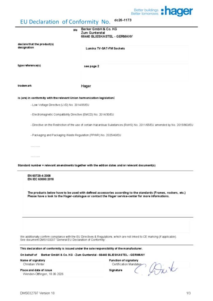 Imagem Declaração de conformidade en-GB 2026-10-12 | Hager Portugal