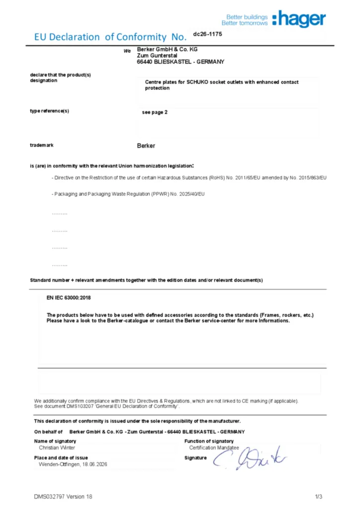 Imagem Declaração de conformidade en-GB 2026-10-12 | Hager Portugal