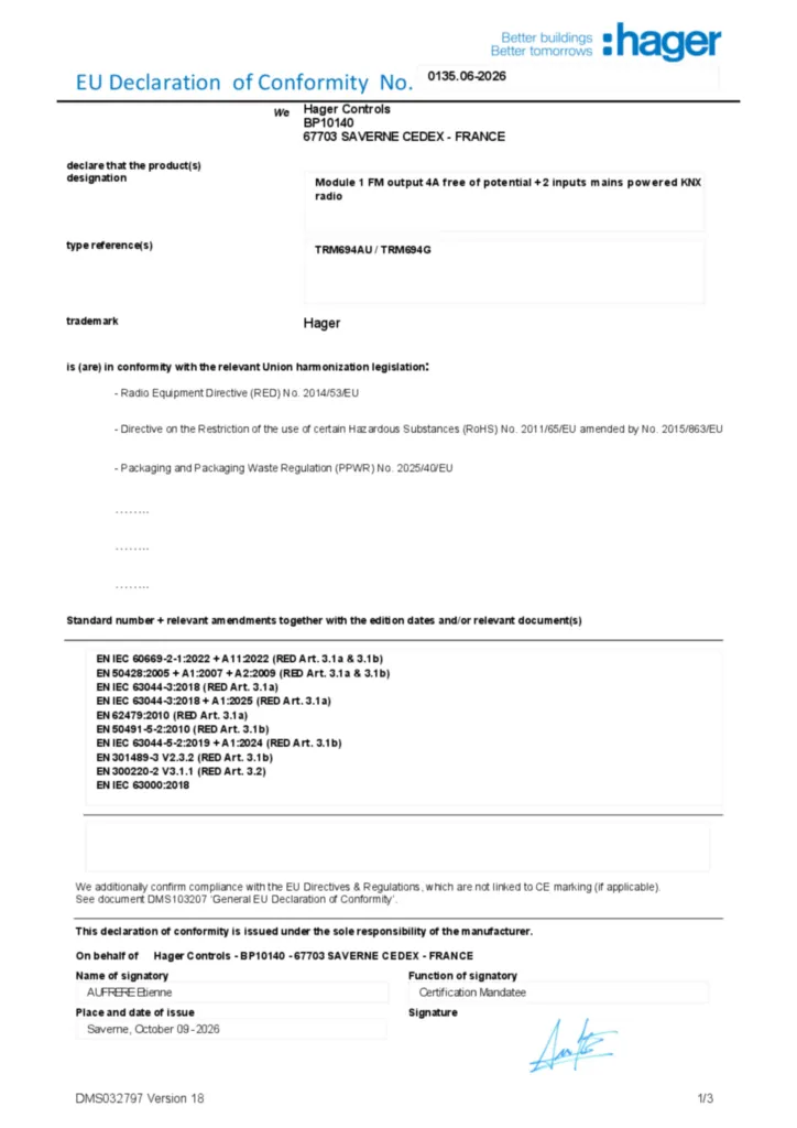 Image EU Declaration of Conformity  | Hager Africa