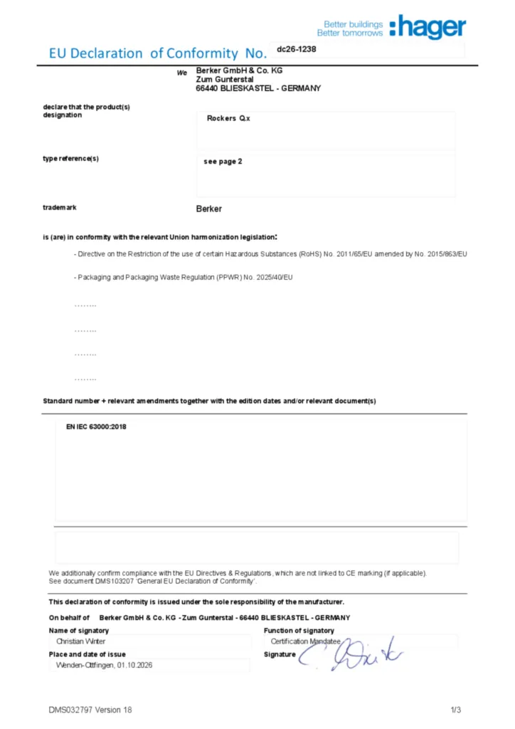 Immagine Dichiarazione di conformità en-GB 2026-10-12 | Hager Italia