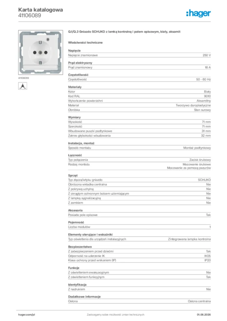 Zdjęcie Hager Karta katalogowa 41106089 | Hager Polska