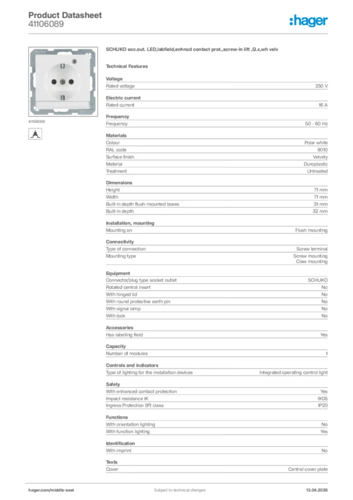 Image Hager Product data sheet 41106089  | Hager