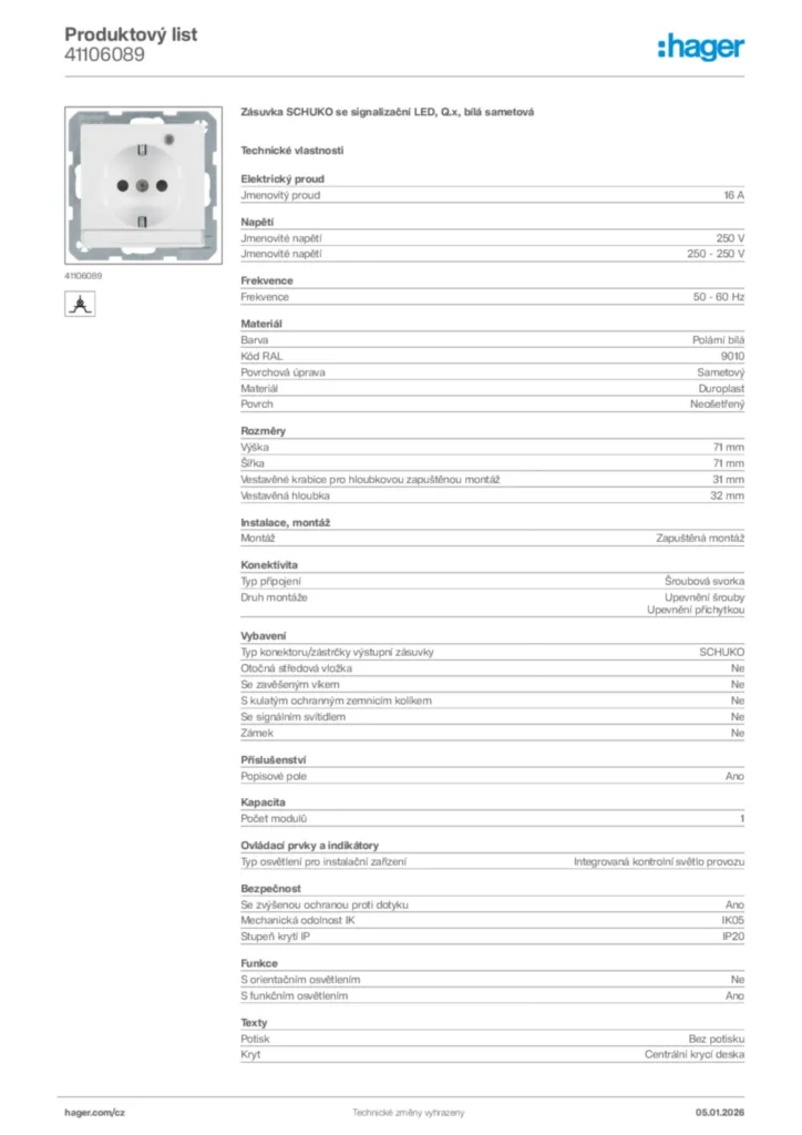 Obrázek Hager Product data sheet 41106089 | Hager