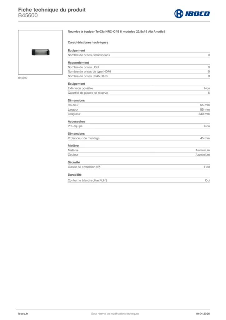 Image Iboco Fiche technique du produit B45600 | Hager France