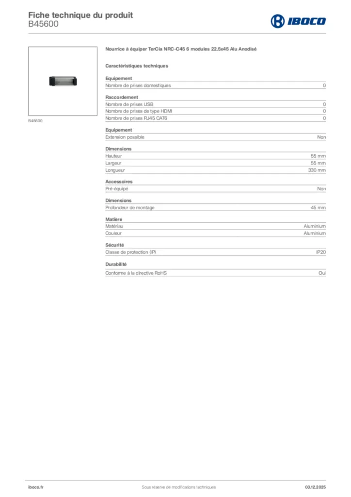 Image Iboco Fiche technique du produit B45600 | Hager France