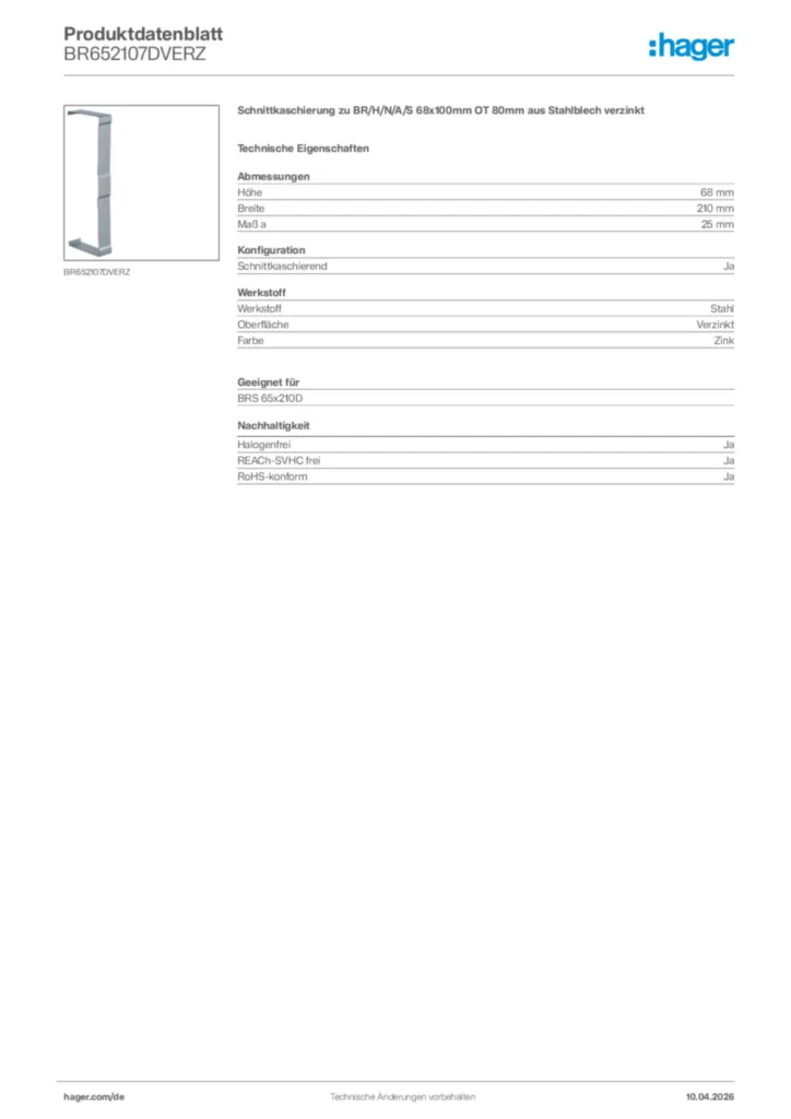 Bild Hager Produktdatenblatt BR652107DVERZ | Hager Deutschland