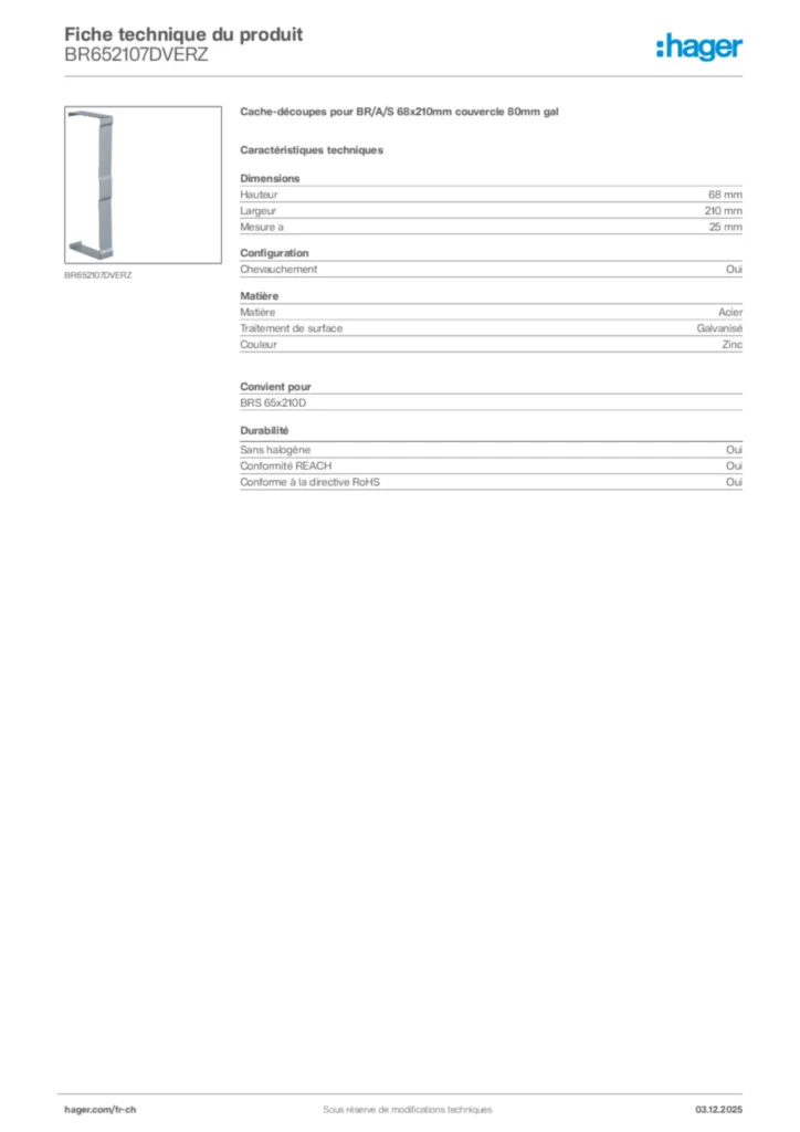 Image Hager Fiche technique du produit BR652107DVERZ | Hager Suisse