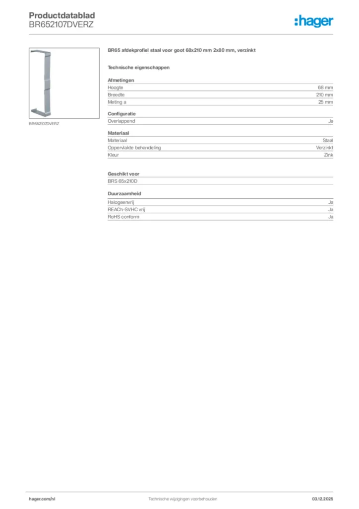 Afbeelding Hager Productdatablad BR652107DVERZ | Hager Nederland