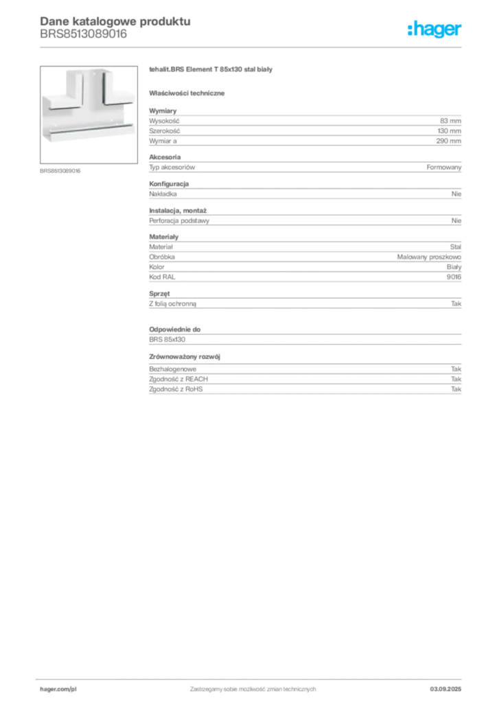 Zdjęcie Hager Dane katalogowe produktu BRS8513089016 | Hager Polska
