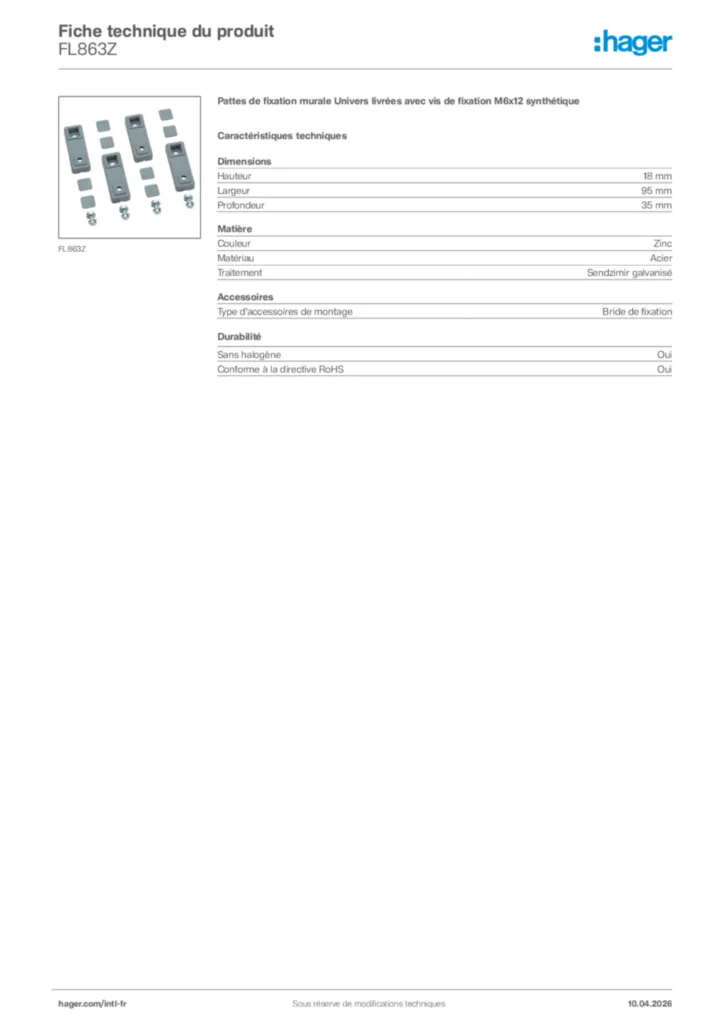 Image Hager Fiche technique du produit FL863Z | Hager Afrique