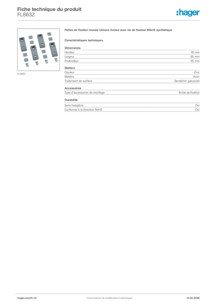 Image Hager Fiche technique du produit FL863Z | Hager Suisse