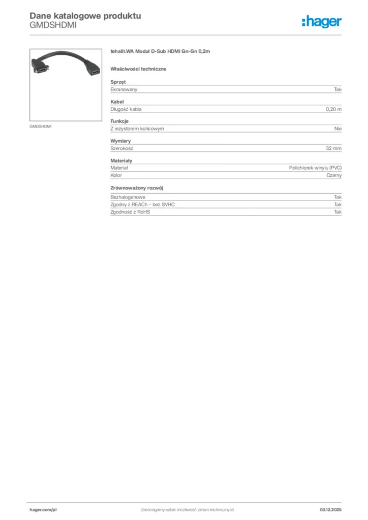 Zdjęcie Hager Dane katalogowe produktu GMDSHDMI | Hager Polska