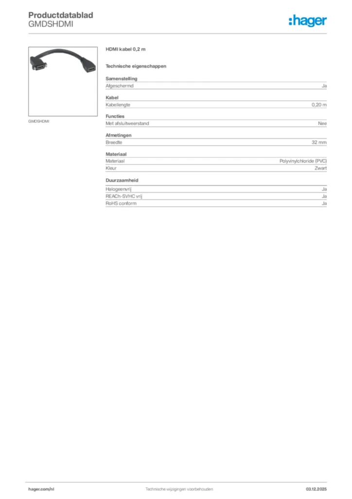 Afbeelding Hager Productdatablad GMDSHDMI | Hager Nederland