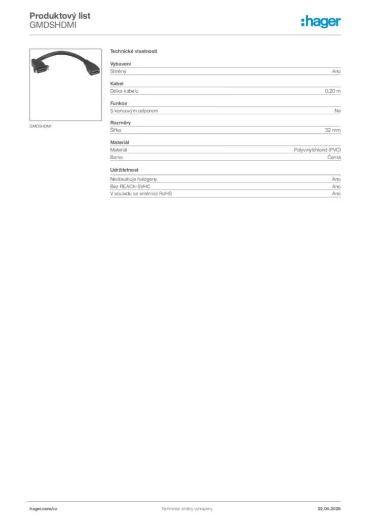 Obrázek Hager Product data sheet GMDSHDMI | Hager