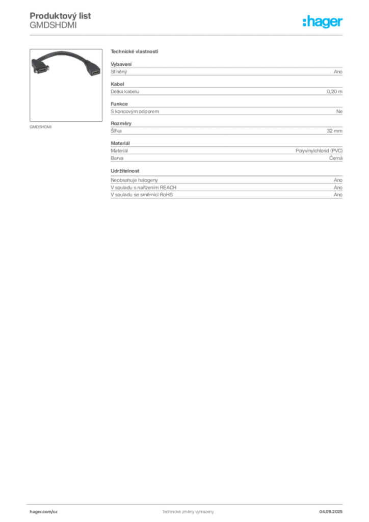 Obrázek Hager Product data sheet GMDSHDMI | Hager