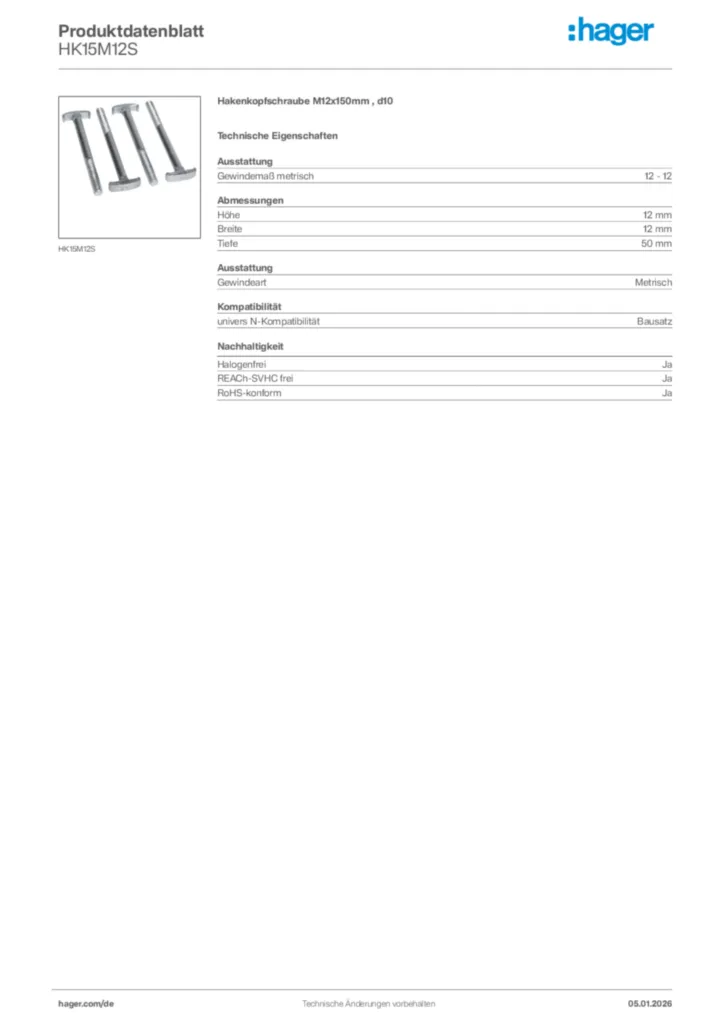 Bild Hager Produktdatenblatt HK15M12S | Hager Deutschland