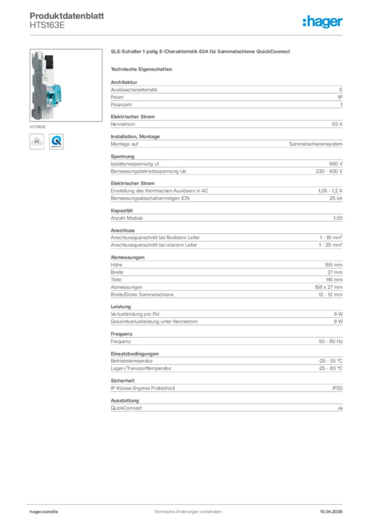 Bild Hager Produktdatenblatt HTS163E | Hager Deutschland