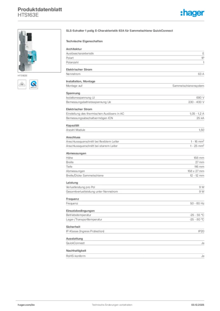 Bild Hager Produktdatenblatt HTS163E | Hager Deutschland