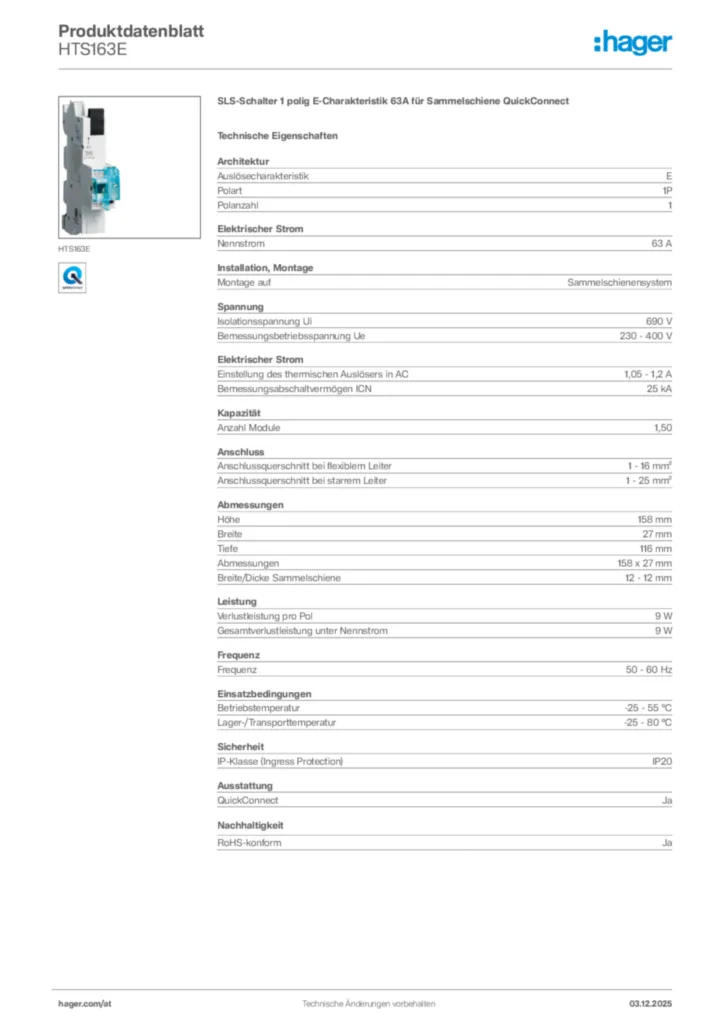 Bild Hager Produktdatenblatt HTS163E | Hager Deutschland