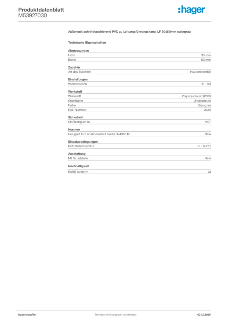 Bild Hager Produktdatenblatt M53927030 | Hager Deutschland
