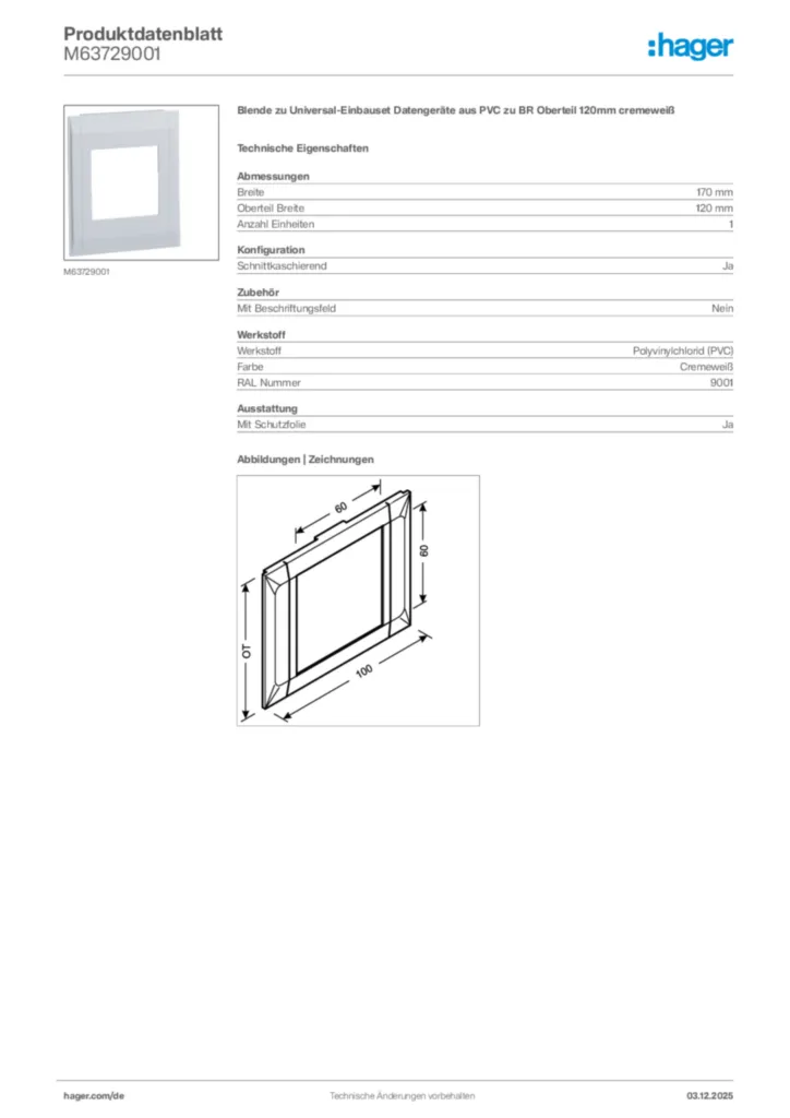 Bild Hager Produktdatenblatt M63729001 | Hager Deutschland