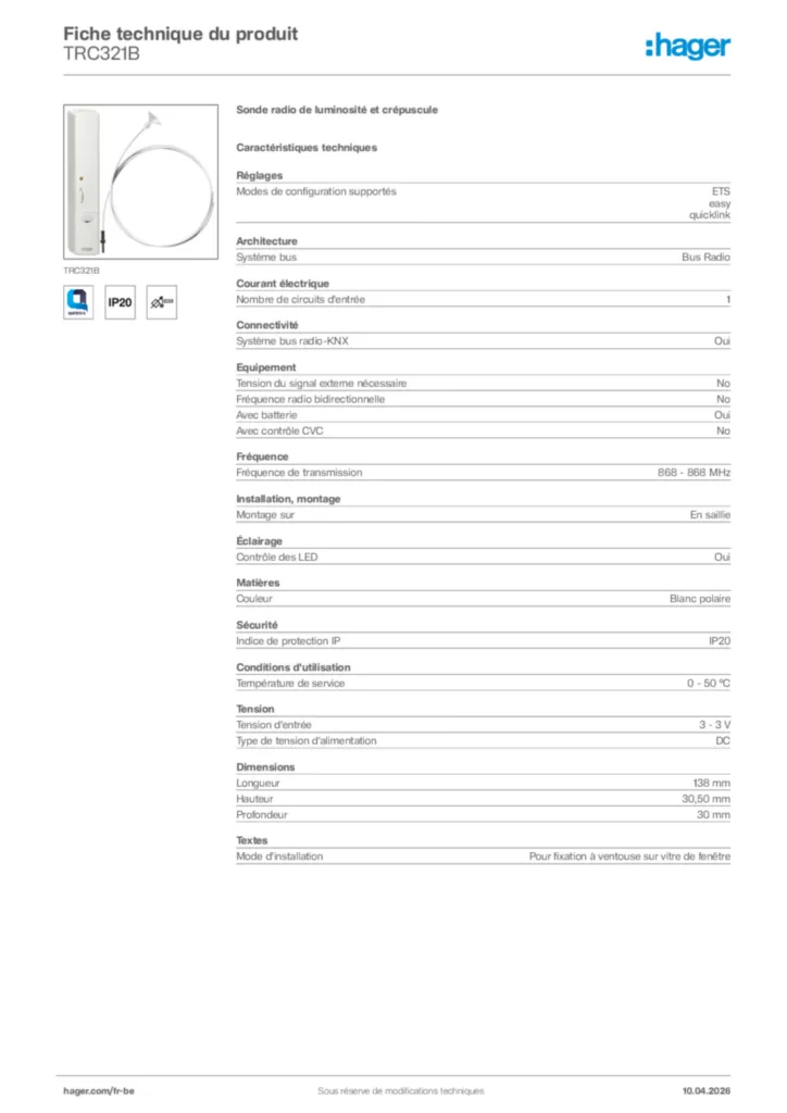 Image Hager Fiche technique du produit TRC321B | Hager Belgique