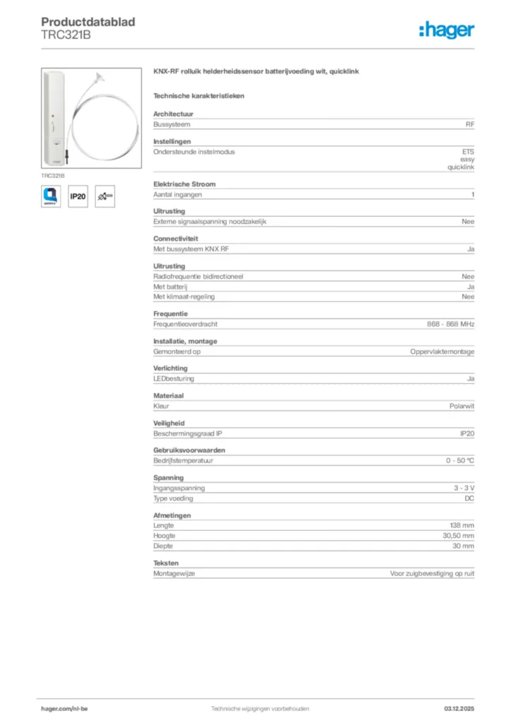 Afbeelding Hager Productdatablad TRC321B | Hager Belgium