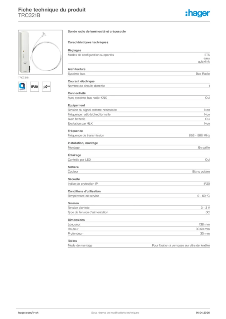 Image Hager Fiche technique du produit TRC321B | Hager Suisse