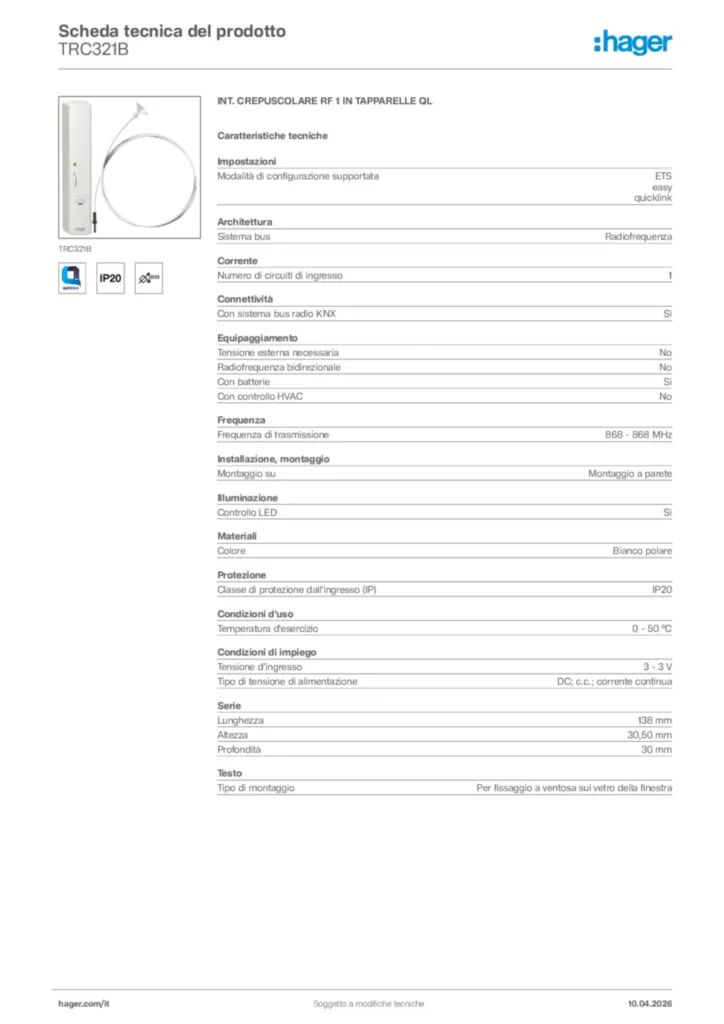 Immagine Hager Scheda tecnica del prodotto TRC321B | Hager Italia