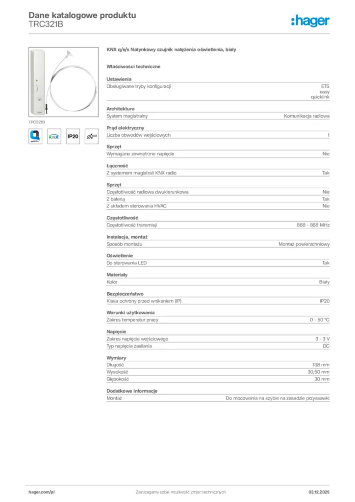 Zdjęcie Hager Karta katalogowa TRC321B | Hager Polska