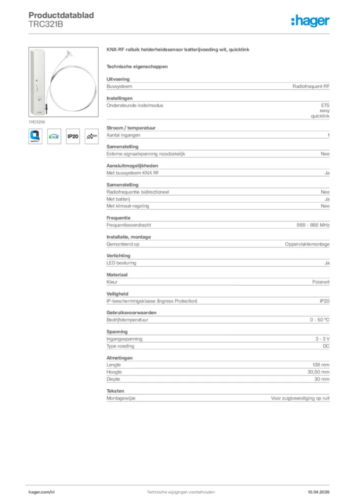 Afbeelding Hager Productdatablad TRC321B | Hager Nederland