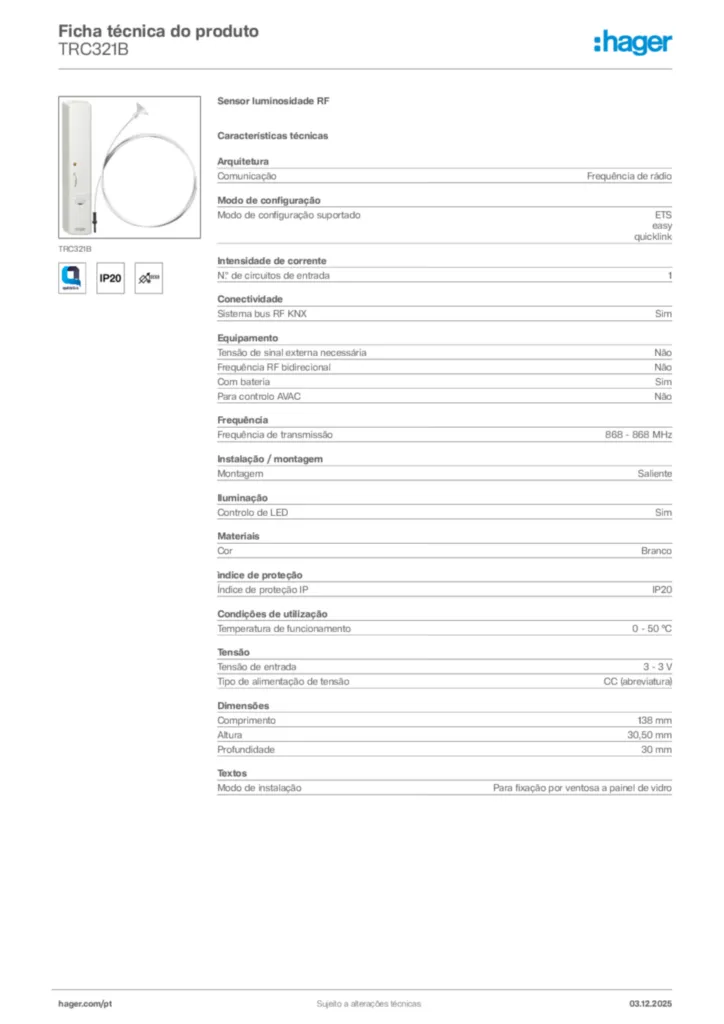 Imagem Hager Ficha técnica do produto TRC321B | Hager Portugal