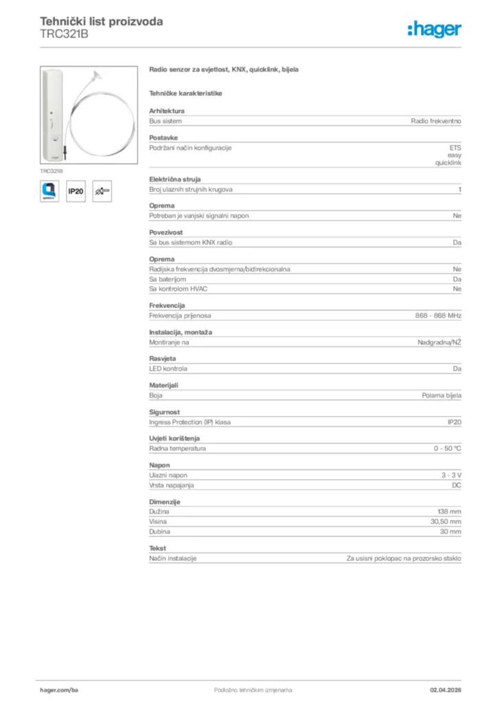 Slika Hager Tehnički list proizvoda TRC321B  | Hager