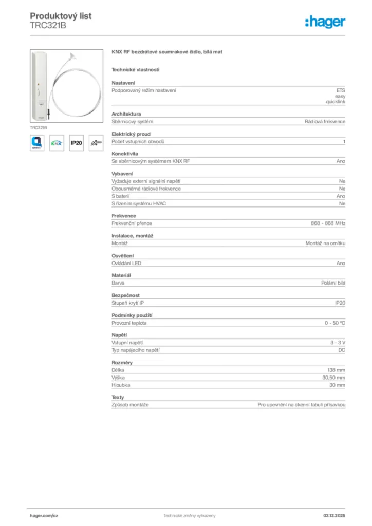 Obrázek Hager Product data sheet TRC321B | Hager
