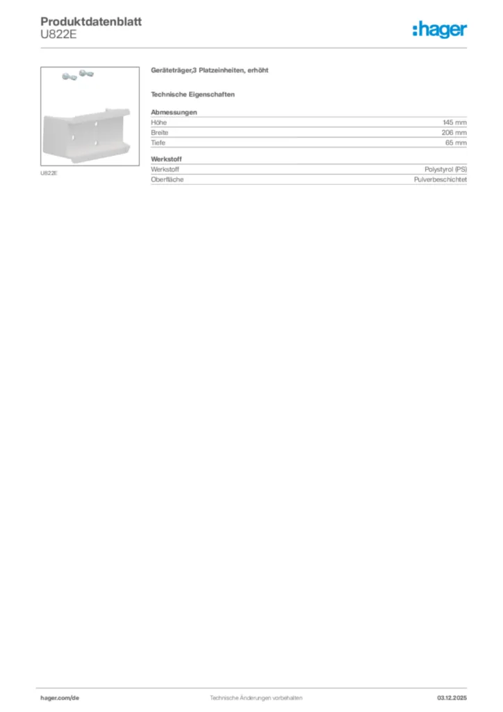 Bild Hager Produktdatenblatt U822E | Hager Deutschland