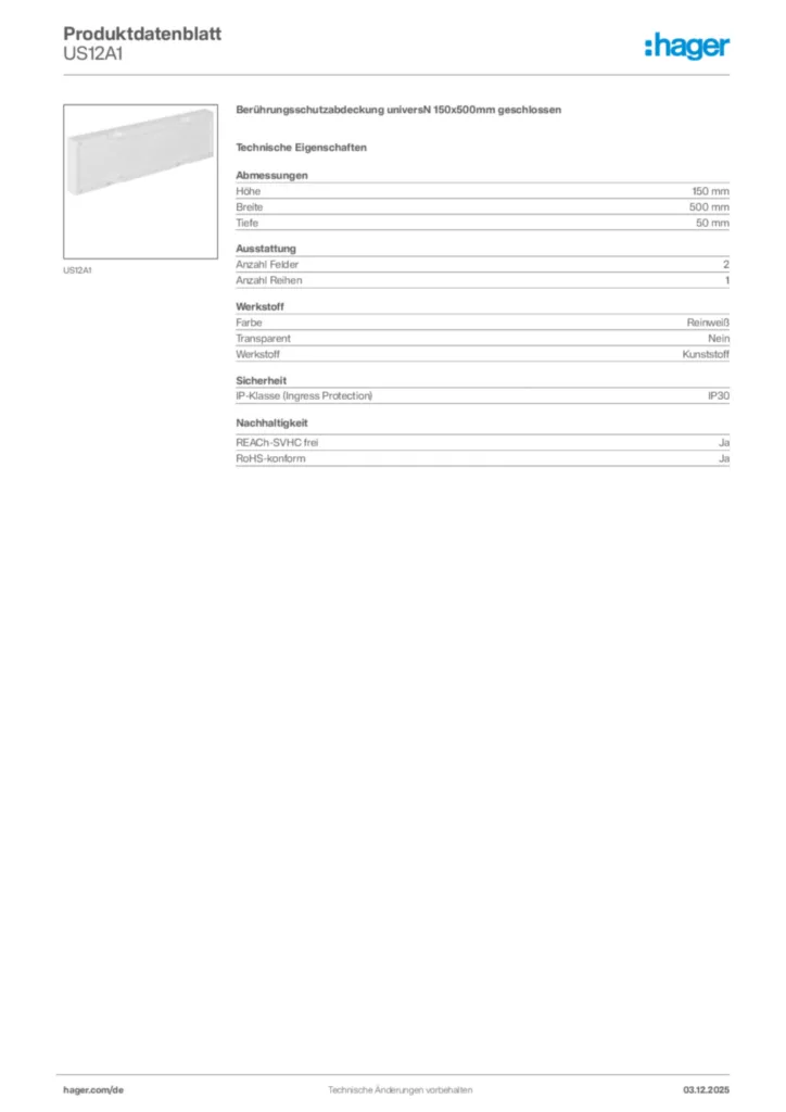Hager Produktdatenblatt US12A1