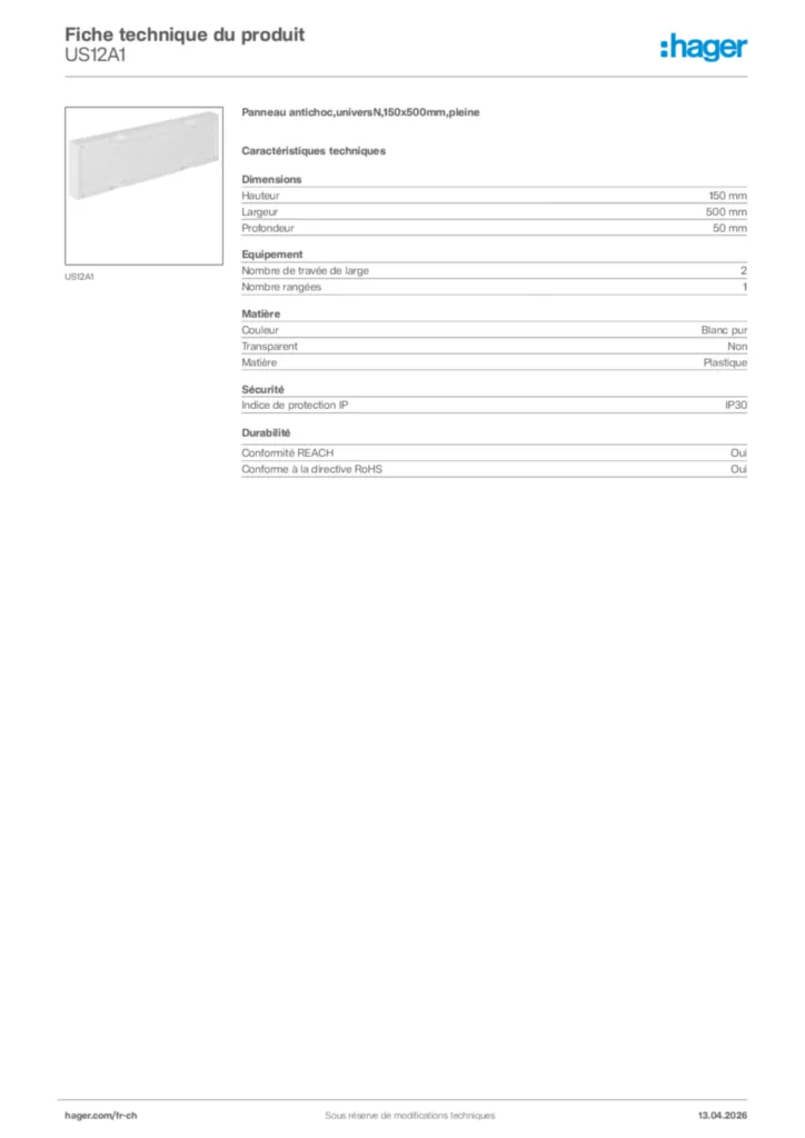 Image Hager Fiche technique du produit US12A1 | Hager Suisse