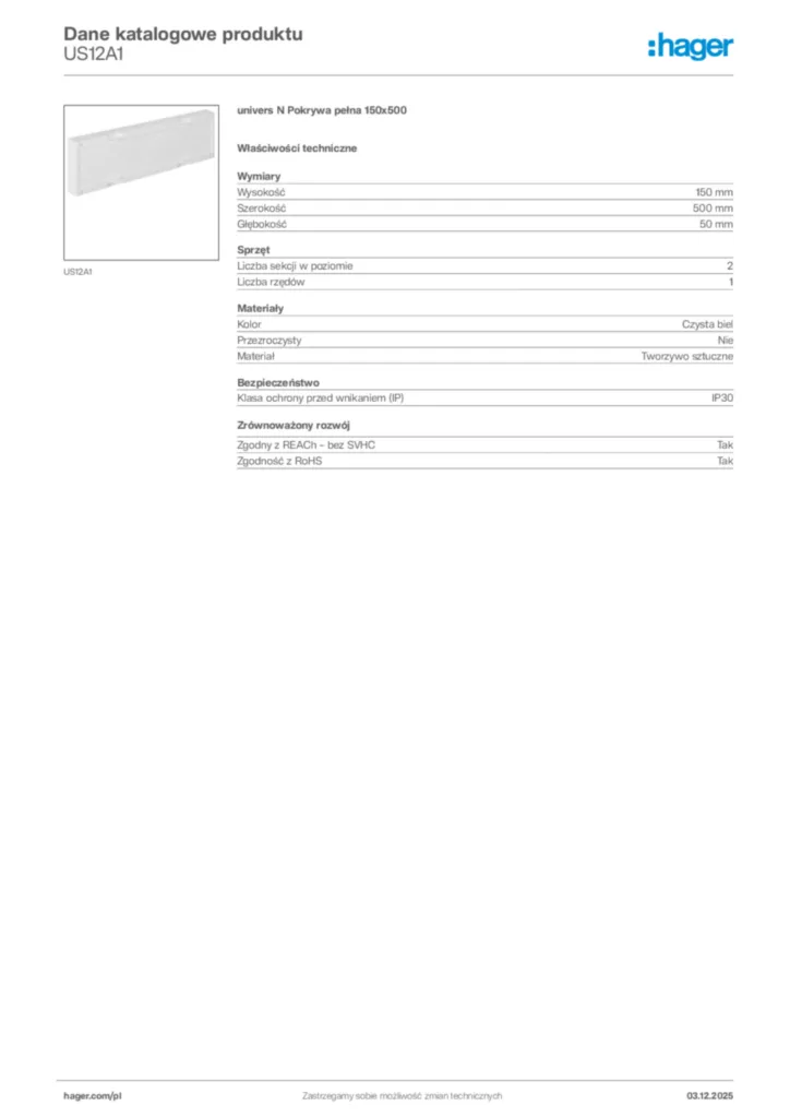 Zdjęcie Hager Dane katalogowe produktu US12A1 | Hager Polska