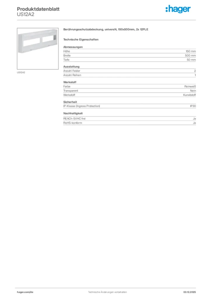 Hager Produktdatenblatt US12A2