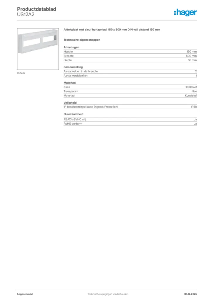 Afbeelding Hager Productdatablad US12A2 | Hager Nederland
