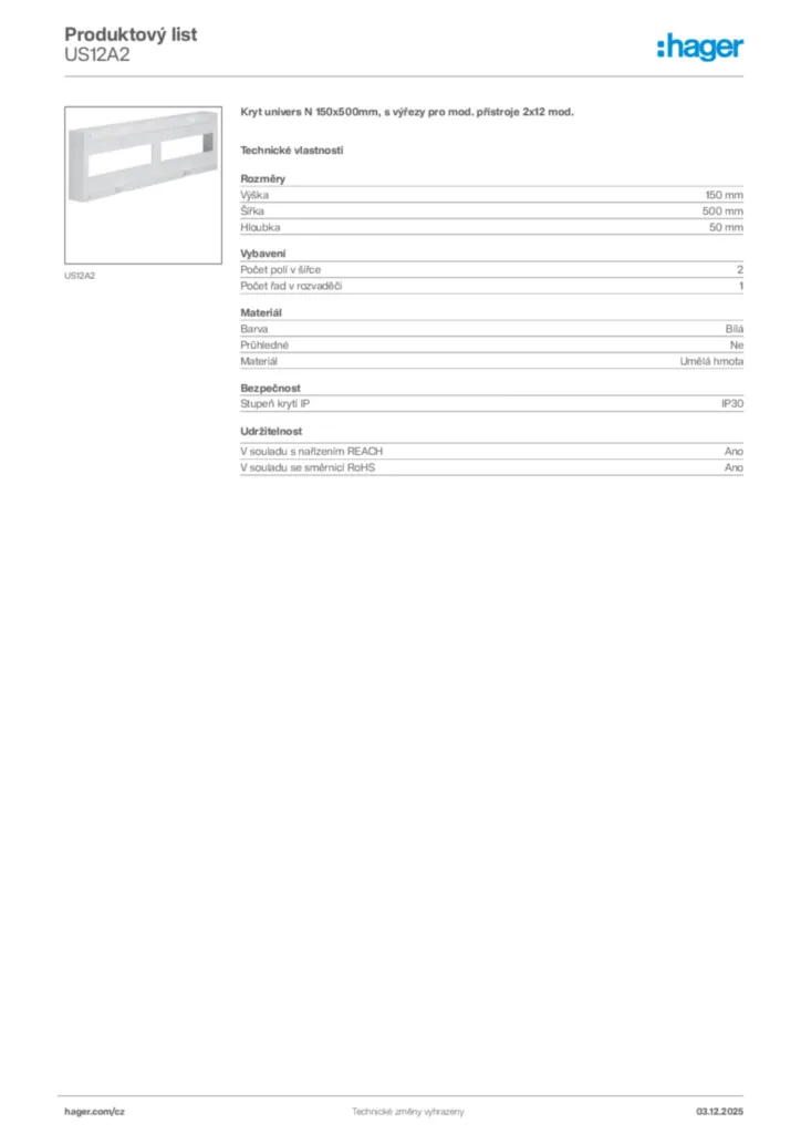 Obrázek Hager Product data sheet US12A2 | Hager