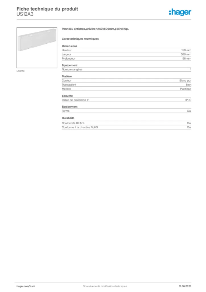 Image Hager Fiche technique du produit US12A3 | Hager Suisse